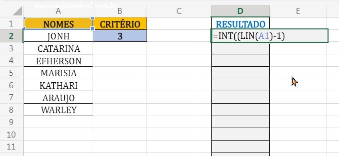 Função INT e LIN em Repetir Nomes Através de um Índice no Excel