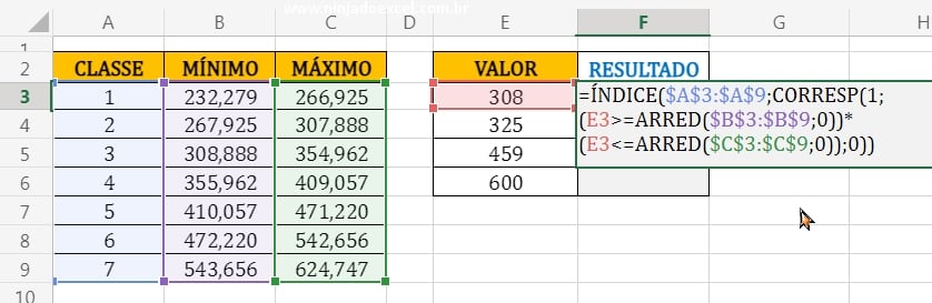 Função Índice retornado o valor correspondido em Faixa inicial e Final do Excel