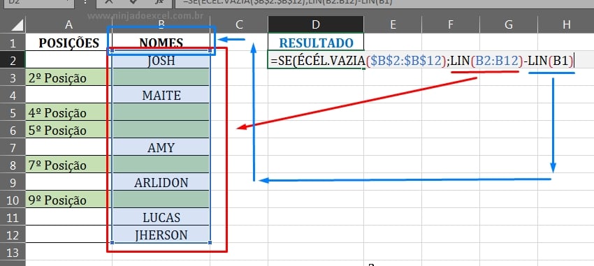 Função LIN em Células em Branco no Excel