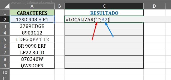 Função LOCALIZAR em Espaços entre Caracteres no Excel