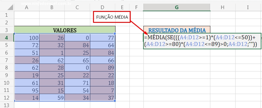 Função MÉDIA em Média com 4 Critérios no Excel