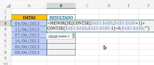 Função Menor, retornando a menor data em Datas Consecutivas no Excel