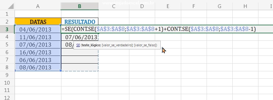 Função OU dentro da função Se teste lógico em Datas Consecutivas no Excel