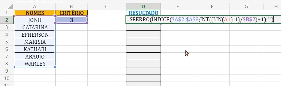 Função SEERRO Repetir Nomes Através de um Índice no Excel