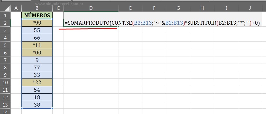 Função SOMARPRODUTO em Somando Valores com Asteriscos no Excel