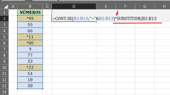Função SUBSTIRUIR, primeiro argumento em Somando Valores com Asteriscos no Excel