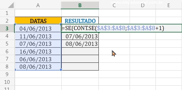 Função Se teste lógico com cont.se em Datas Consecutivas no Excel