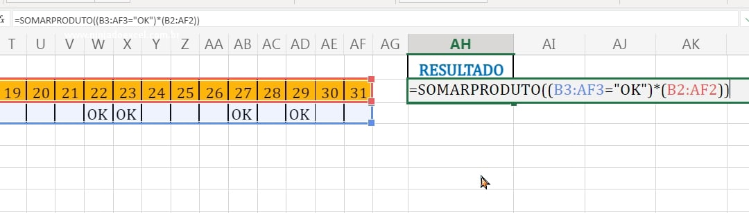 Função Somarproduto em Valores Correspondentes a OK no Excel