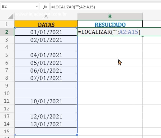 Localizando o vazio na coluna de datas em Primeira Célula em Branco no Excel