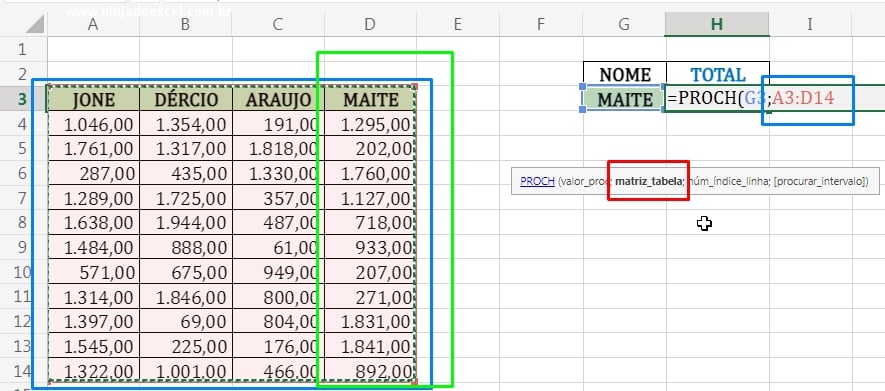 Matriz de procura da função PROCH em Usando a Função PROCH no Excel