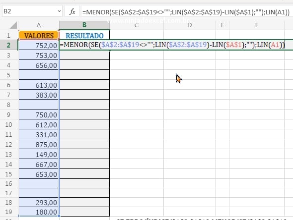 Menor valor da linha, referente o resultado da função Se em Calcular o Acumulado no Excel
