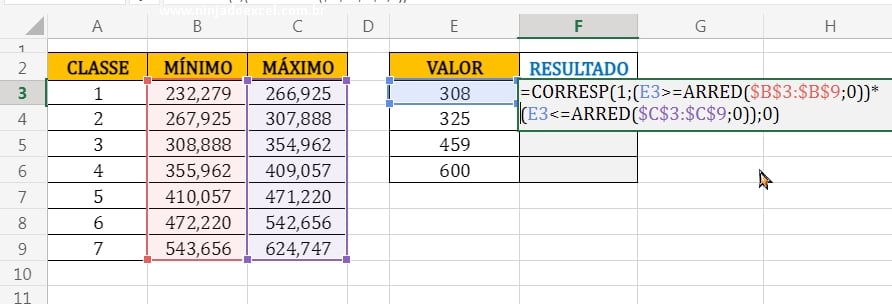 Posição do número 1, em relação ao teste lógico em Faixa inicial e Final no Excel