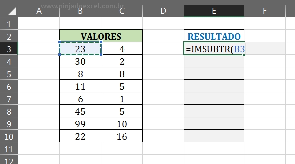Primeiro paranmetro da IMSUBTR em Subtração no Excel - IMSUBTR