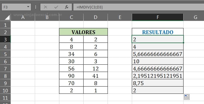 Primeiro resultado final em Função IMDIV no Excel