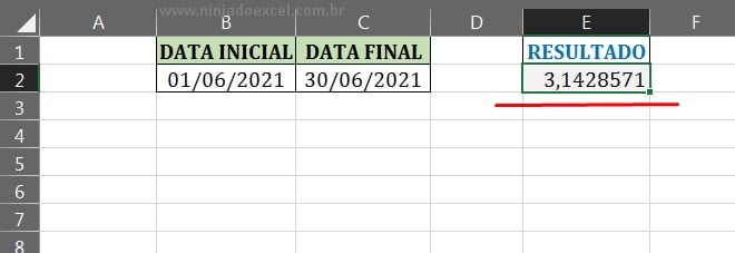 Resultado da divisão por 7 em Semanas entre duas Datas no Excel