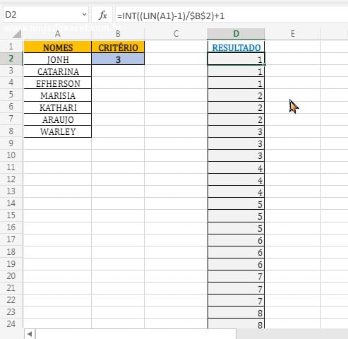 Resultado da função INT e LIN Repetir Nomes Através de um Índice no Excel