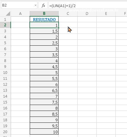 Resultado da função LIN com divisão por 2 em Como Gerar um Intervalo de Páginas no Excel