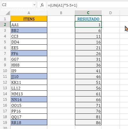 Resultado da função LIN em Como Extrair Itens de Forma Alternada no Excel