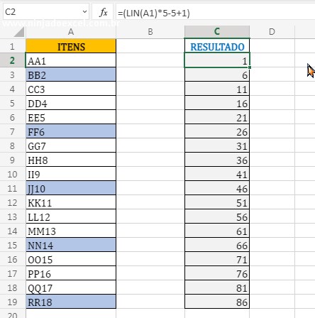 Resultado da função LIN em Como Extrair Itens de Forma Alternada no Excel