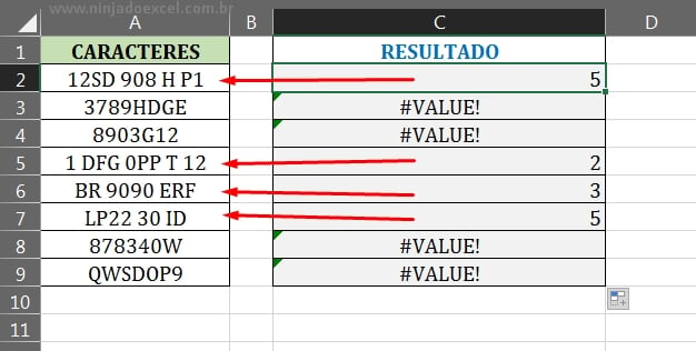 Resultado da função LOCALIZAR em Espaços entre Caracteres no Excel