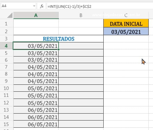 Resultado da função da soma da data inicia com a função INT em Intervalo de Datas Sequencial