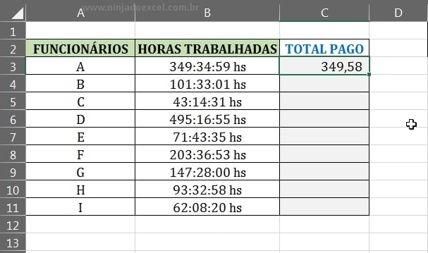 Resultado da multiplicação por 24hs em Valor pago por Horas Trabalhadas no Excel