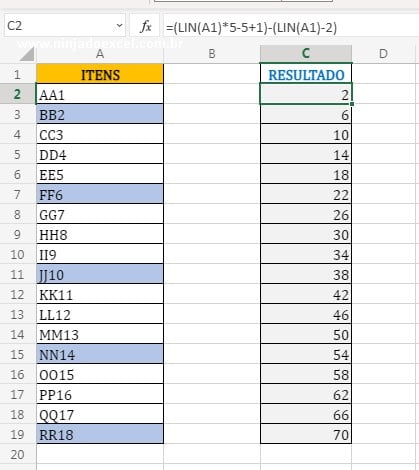 Resultado da subtração das funções LIN em Como Extrair Itens de Forma Alternada no Excel