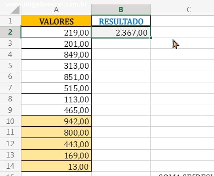 Resultado final em 5 Últimos Valores no Excel