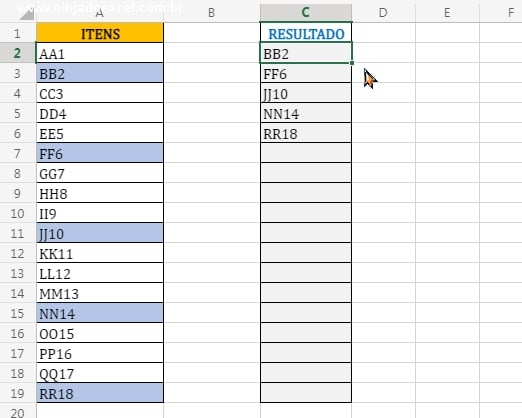 Resultado final em Como Extrair Itens de Forma Alternada no Excel