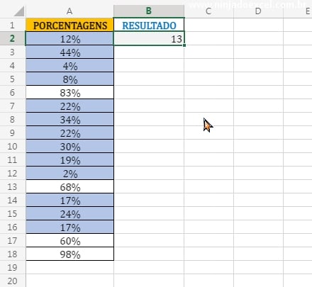 Resultado final em Contar um intervalo de porcentagens no Excel
