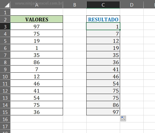 Resultado final em Função MENOR no Excel