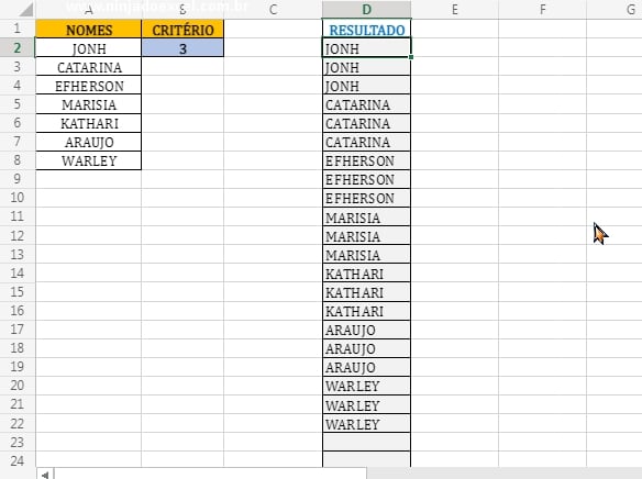 Resultado final em Repetir Nomes Através de um Índice no Excel