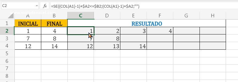 Resultado final em Sequencia Entre Dois Números no Excel