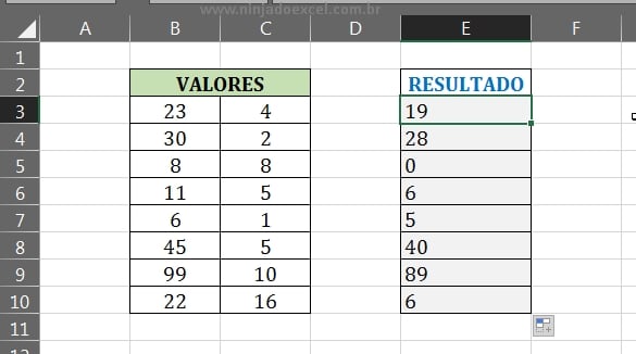 Resultado final em Subtração no Excel - IMSUBTR