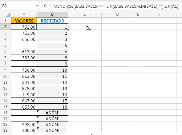 Resultados da função Menor e Se em Calcular o Acumulado no Excel