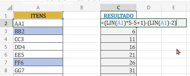 Substração entre duas funções LIN em Como Extrair Itens de Forma Alternada no Excel