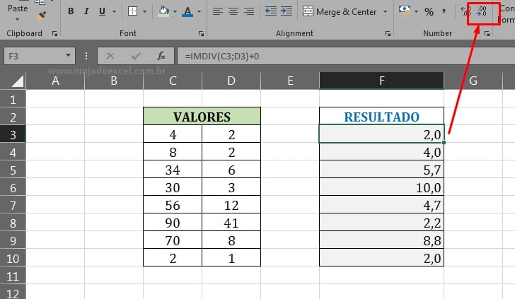 Ultimo resultado em Função IMDIV no Excel