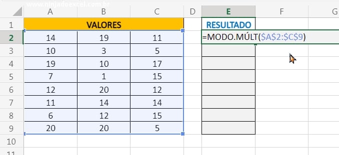 Usando a função MOD.MULT em Valores que Mais se Repetem no Excel