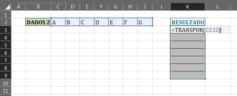 Usando a função TRANSPOR, dados na horizontal em Função TRANSPOR no Excel