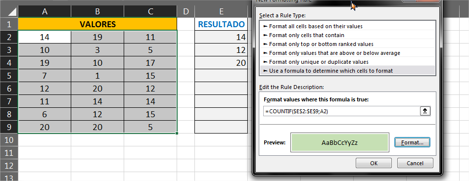 Usando formatação condicional com a função Contse em Valores que Mais se Repetem no Excel