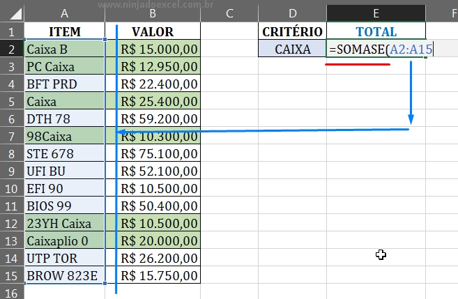 Uso da função SOMASE em Valores com Caracteres Curingas no Excel