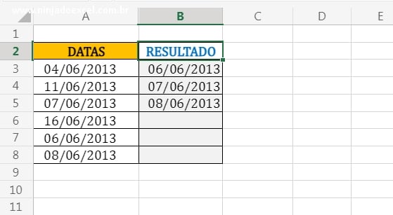 Visualização da tabela Datas Consecutivas no Excel