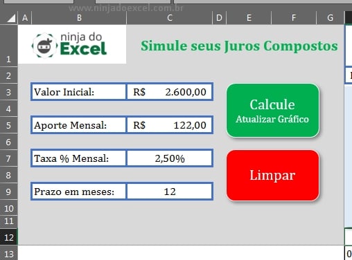 Campo de preenchimento em Juros Compostos no Excel