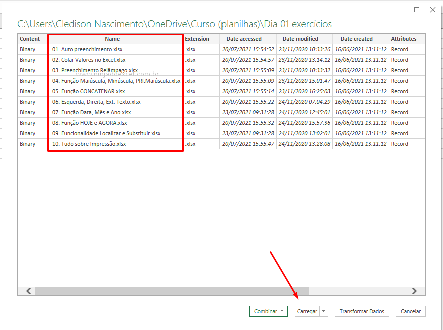 Carregando dados para Listar Arquivos Pastas do Windows no Excel