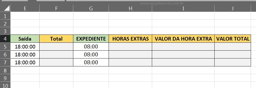 Completando a tabela de horas em Horas Extras no Excel