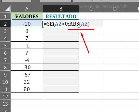 Função ABS em Valores Positivos no Excel