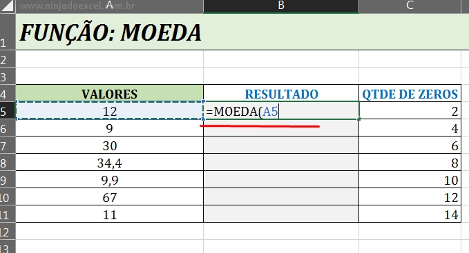 Função MOEDA, primeiro argumento em Função MOEDA no Excel