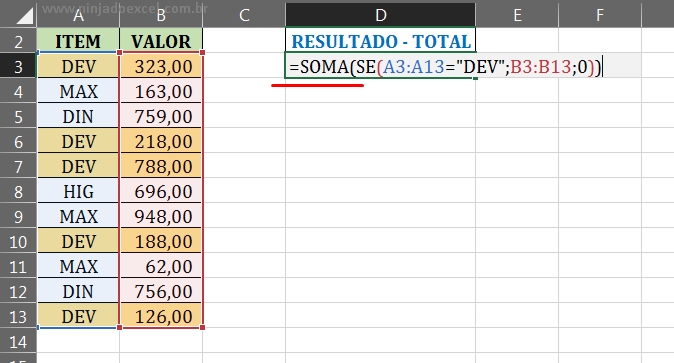 Função SOMA em Substituir a Função SOMASE no Excel