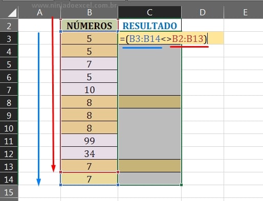 Lógica simbolo de diferente em Números Consecutivos no Excel