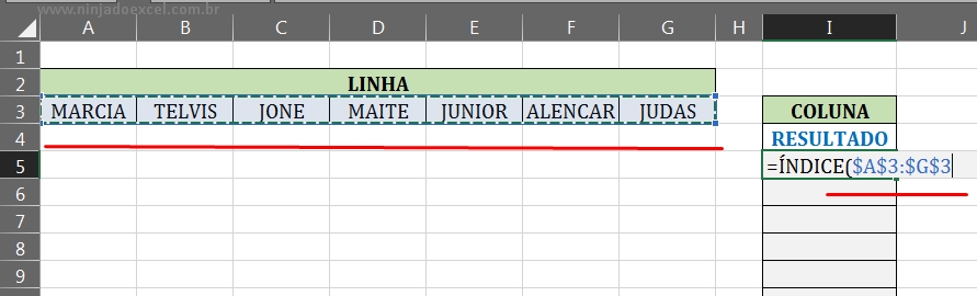Primeiro argumento da função ÍNDICE em Linha em Coluna no Excel
